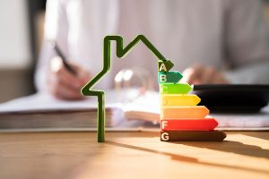 Model home with energy audit gradient rating.