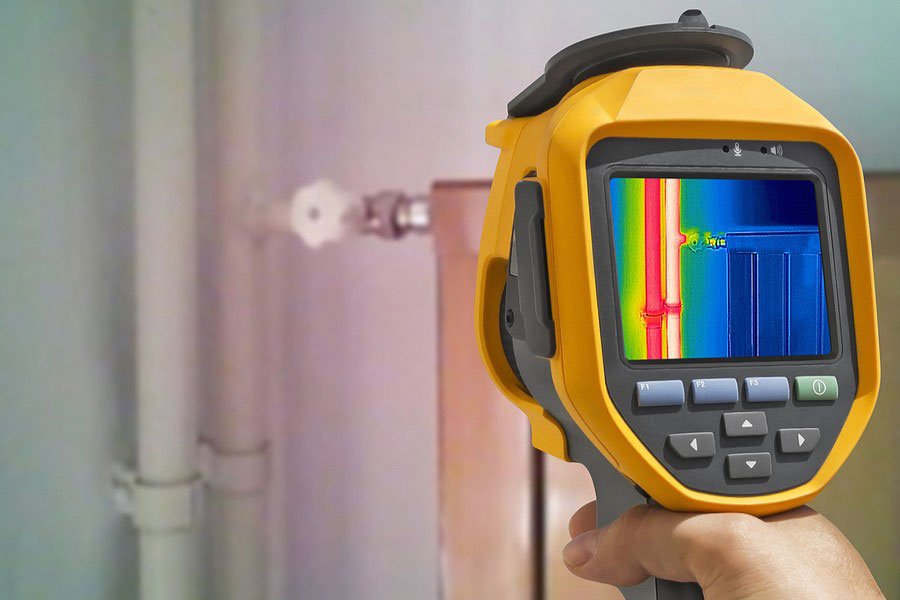 Thermal camera being operated to inspect heat loss in a home.