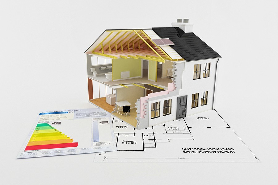 Model of a home with cross section of insulation and other energy efficiency elements.