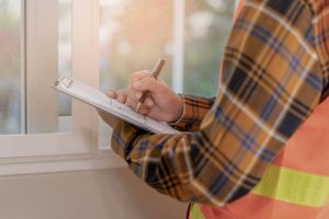Home Energy Audit worker with clipboard inspecting home.